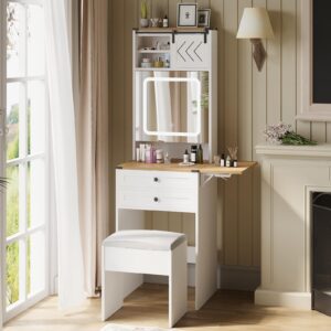 artethys farmhouse small vanity desk set with mirror cabinet compact makeup vanity table with 3 adjustable lighted mirror and storage chair for small space, white dressing table with fold-up panel