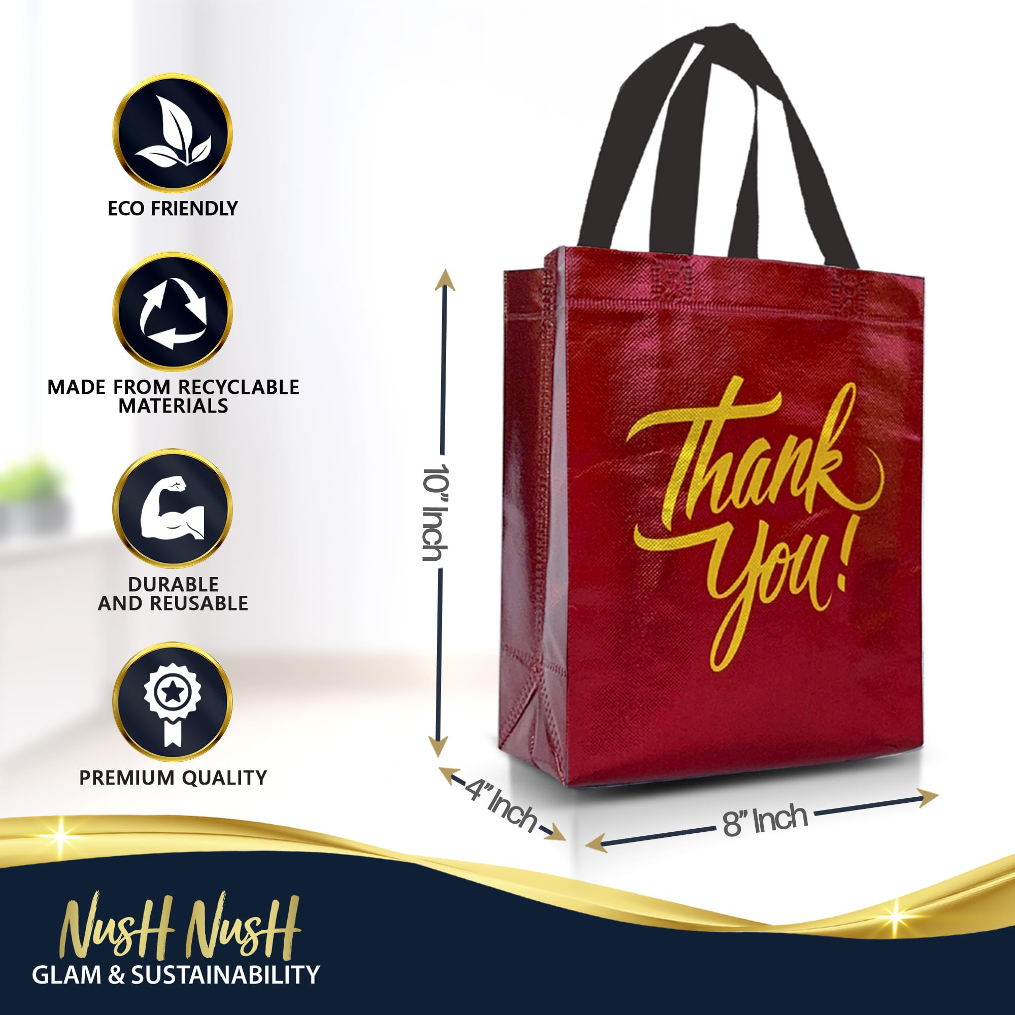 Nush Nush Thank You Gift Bags Bulk Medium – Set of 12 Reusable Thank You Bags From Six Vibrant Colors With a Premium Finish - Perfect As Goodie Bags, Birthday Bags, Party Favor Bags – 8x4x10 Size