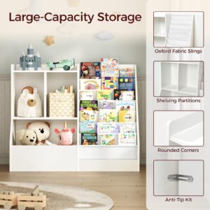 MAHANCRIS 39.4" Kids Bookshelf and Toy Storage, 7 Layer Kids Book Sling Shelf, Toddler Bookshelf, Kids Bookcase, Toy Organizer Cabinet, Large, for Playroom, Bedroom, Nursery, White BKWT7301