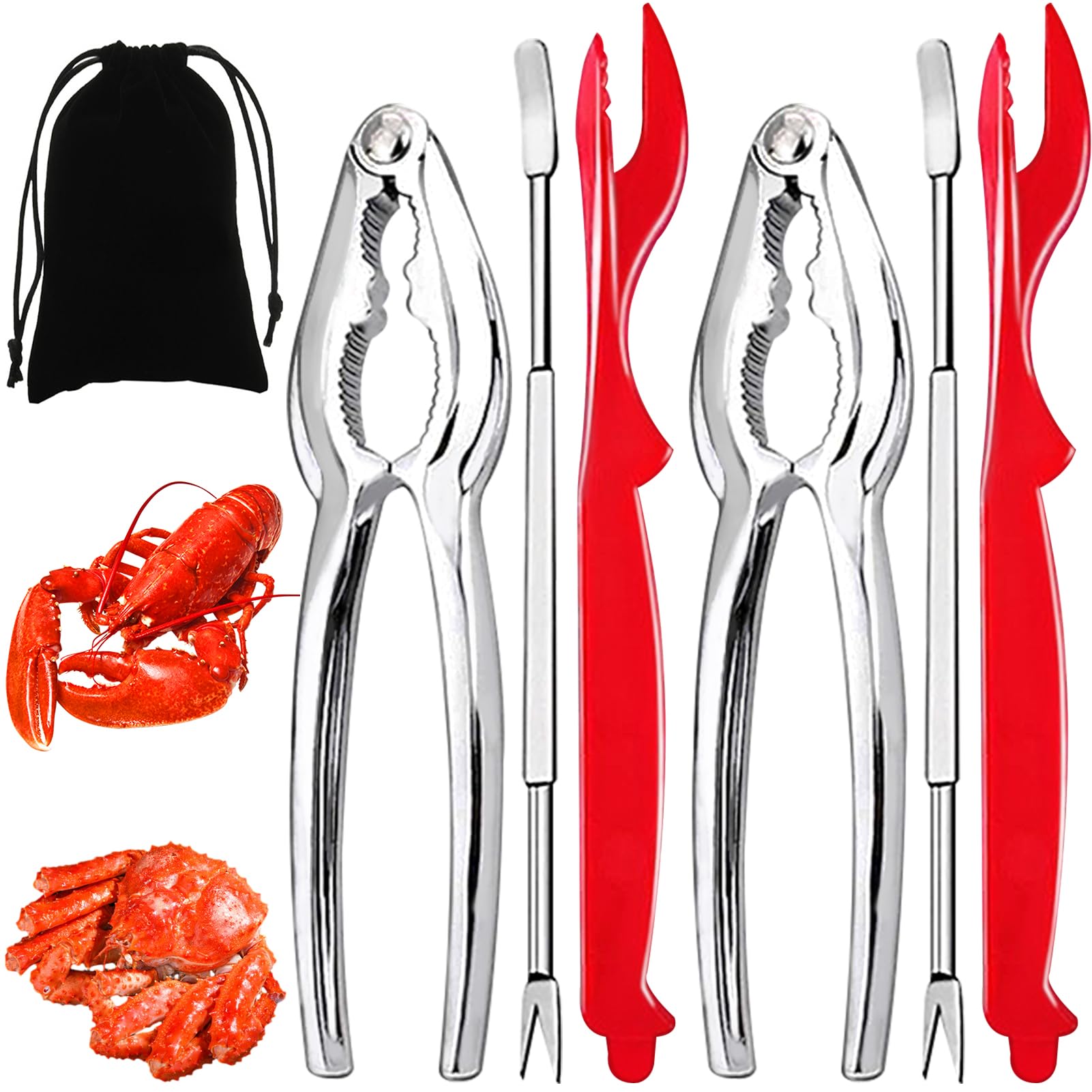 Artcom 7 Piece Seafood Tools Set - 2 Crab Crackers, 2 Lobster Shellers, 2 Crab Forks, 1 Storage Bag