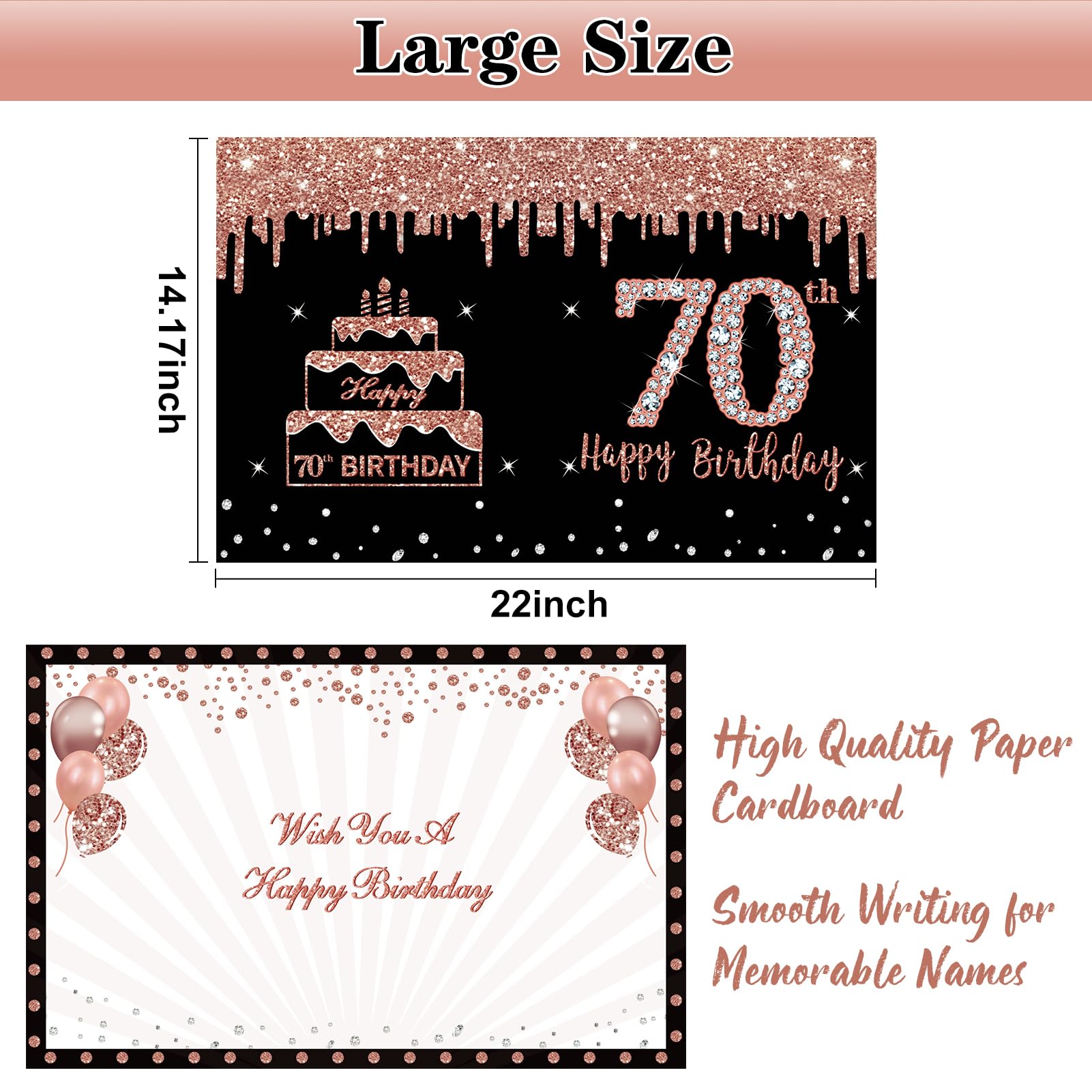 Kuxriox Large 70th Birthday Card With Envelope, Extra Big Guest Book Rose Gold 70th Birthday Greeting Card Women, Giant 70th Bday Card Gifts Party Supplies, Jumbo Seventy Bday Card(14 x 22 IN)