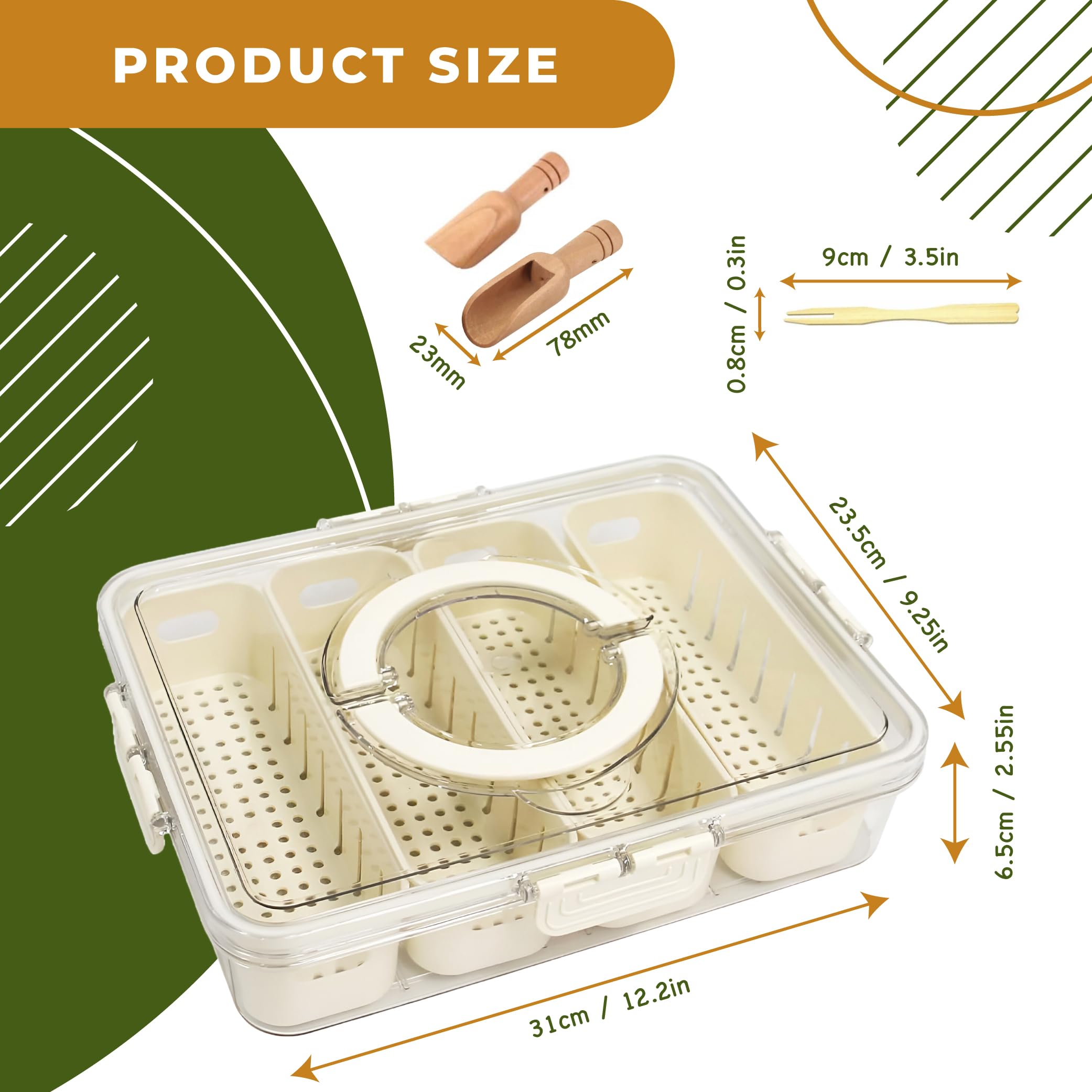 Divided Serving Tray with Lid -Snackle Box Container with Spoon & Mini Forks and 4 Removable Colanders Snack Serving Tray, Snack Box Container, Veggie Tray with Lid for Candy, Fruits, Nuts, Chips.