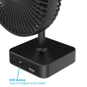 Hiree Desk Fan with USB Charging Port, 2 Speeds 6.7 Inch Small Desktop Table Fan with USB Charger, AC Outlets, Strong Wind, Quiet Operation - Personal Fan for Bedroom, Home, Office and Dorm Room