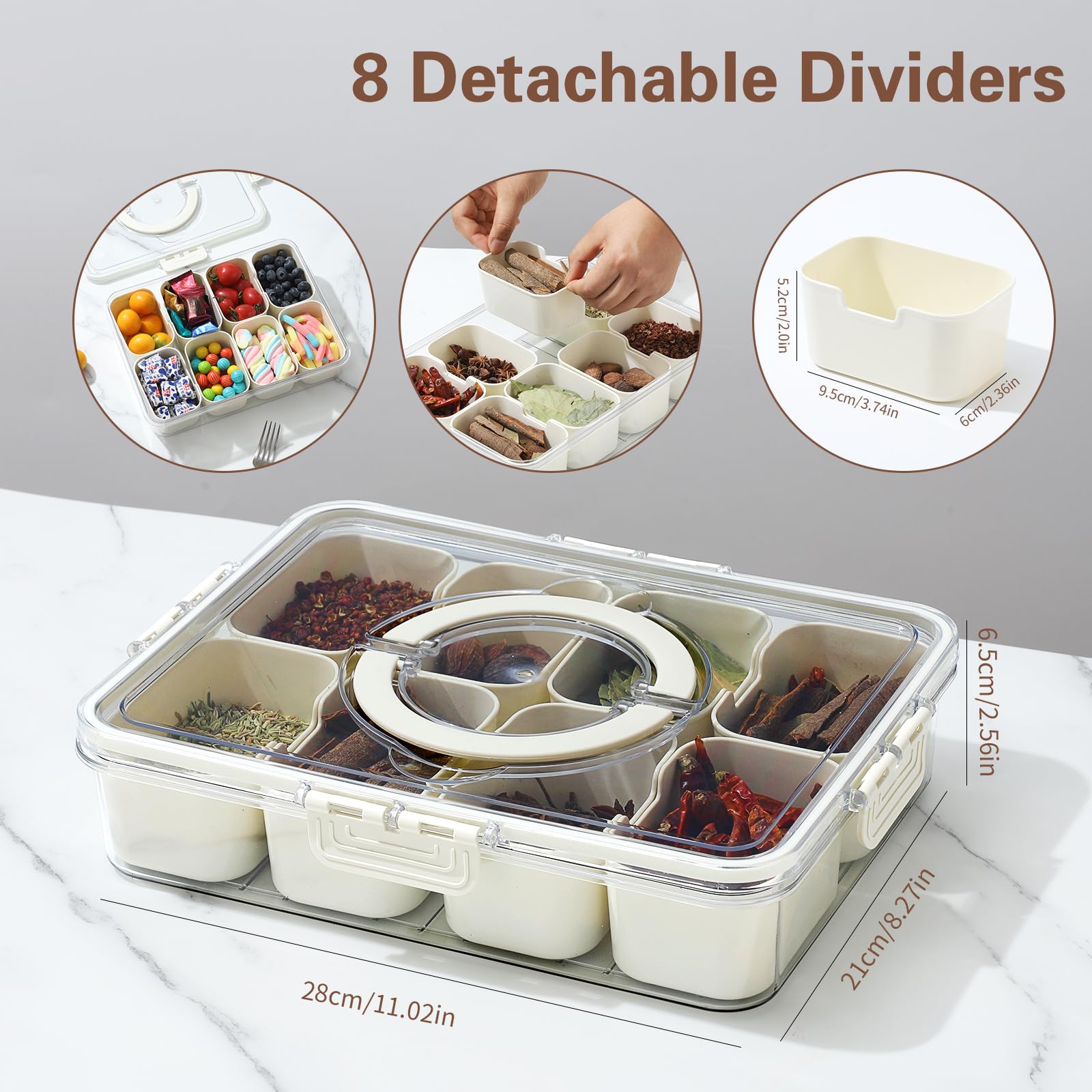 Divided Serving Tray with Lid and Handle - Snackle Box Charcuterie Container for Portable Snack Platters - Clear Organizer for Candy, Fruits, Nuts, Snacks - Perfect for Party, Entertaining