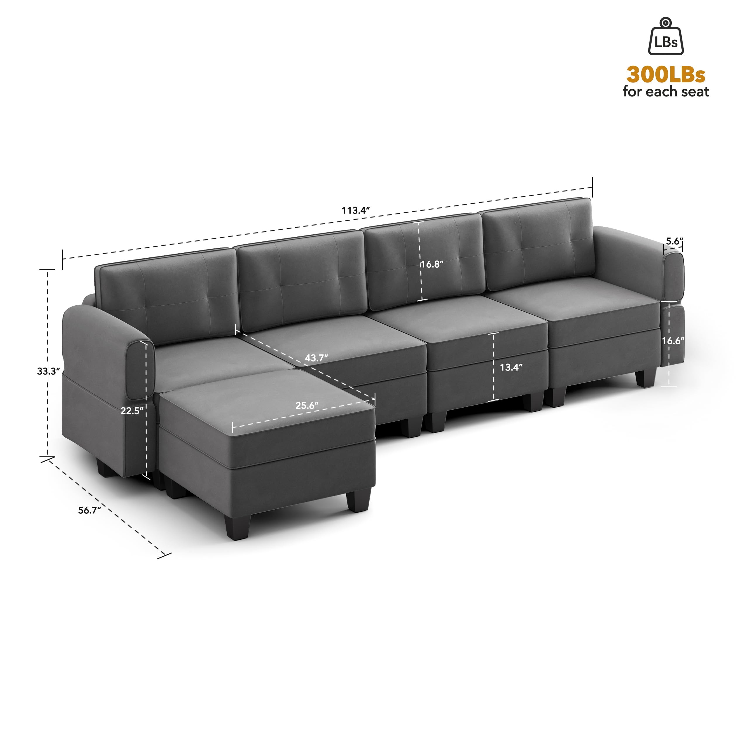 AYEASY 113'' Modular Sofa, Living Room L Shaped Couch with Storage Ottoman Sectional, Grey