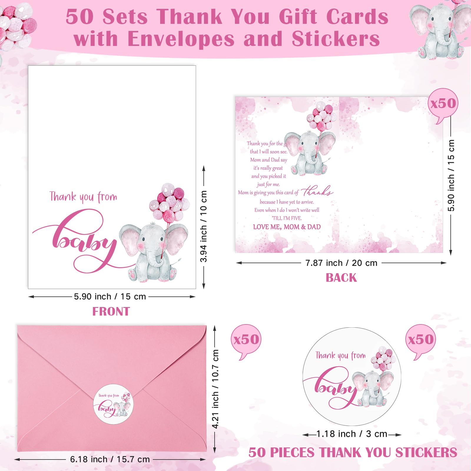 Zhanmai 50 Sets Baby Shower Thank You Cards Elephant Themed 50 Baby Shower Thank You Notes with 50 Envelopes and Stickers Baby Shower Card Baby Gift Boy Card for Baby Shower Gender Reveal Party (Pink)