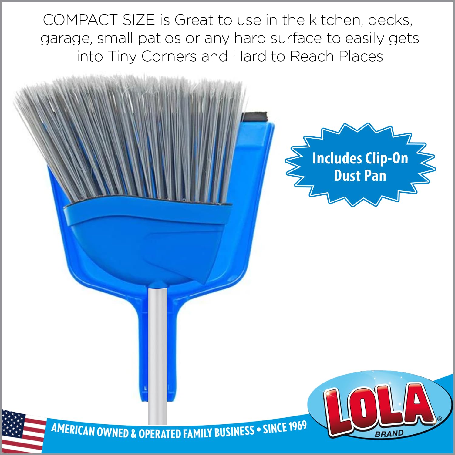 Angle Broom w/Dustpan, Indoor, 9.25" W Head, Smaller Style- Made w/Recycled Soda Bottle Bristles & Polished Aluminum Lightweight 48" L Handle, Includes Swivel Hang Cap for Storage, by LOLA- 1 Pack