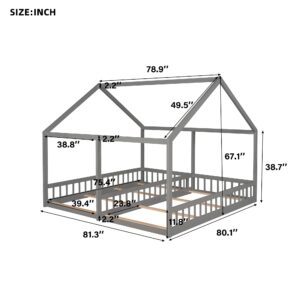 ACQCA Twin Size House Bed with Guardrail,Two Shared Wooden Floor Beds Frame with Roof for Kids Boys Girls,No Box Spring Needed,Gray