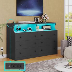 Hasuit 6 Drawer Dresser with LED Lights and Charging Station, Wide Chest of 6 Drawers with Open Space, Modern Large Capacity Storage Cabinet, Black Dresser for Bedroom, Living Room, Hallway