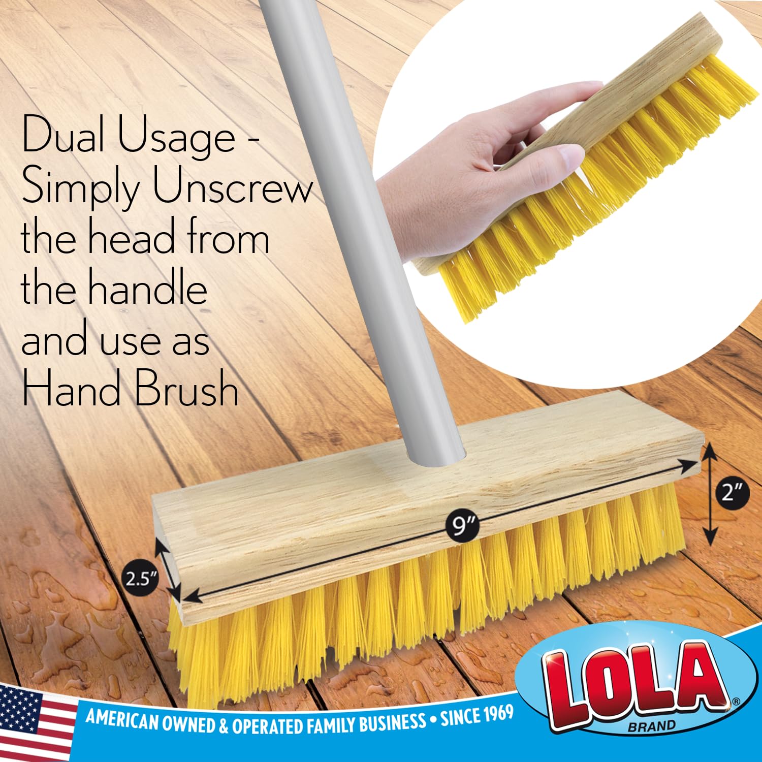 Lola Products Deck Scrub Brush w/ 48" Long Handle & 9" x 3.5" Scrubber, Durable Fiber Scrubber Bristles Remove Dirt, Grime, Grout, Leaves, Snow on Patios, Decks, Asphalt, Cement- Wet or Dry