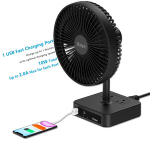 Hiree Desk Fan with USB Charging Port, 2 Speeds 6.7 Inch Small Desktop Table Fan with USB Charger, AC Outlets, Strong Wind, Quiet Operation - Personal Fan for Bedroom, Home, Office and Dorm Room