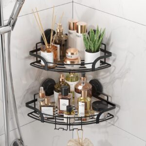 taili suction cup shower shelves 2 pack, drill-free removable corner shower caddy with hooks, heavy duty stainless steel shower basket organizer for bathroom, rustproof shower rack, black