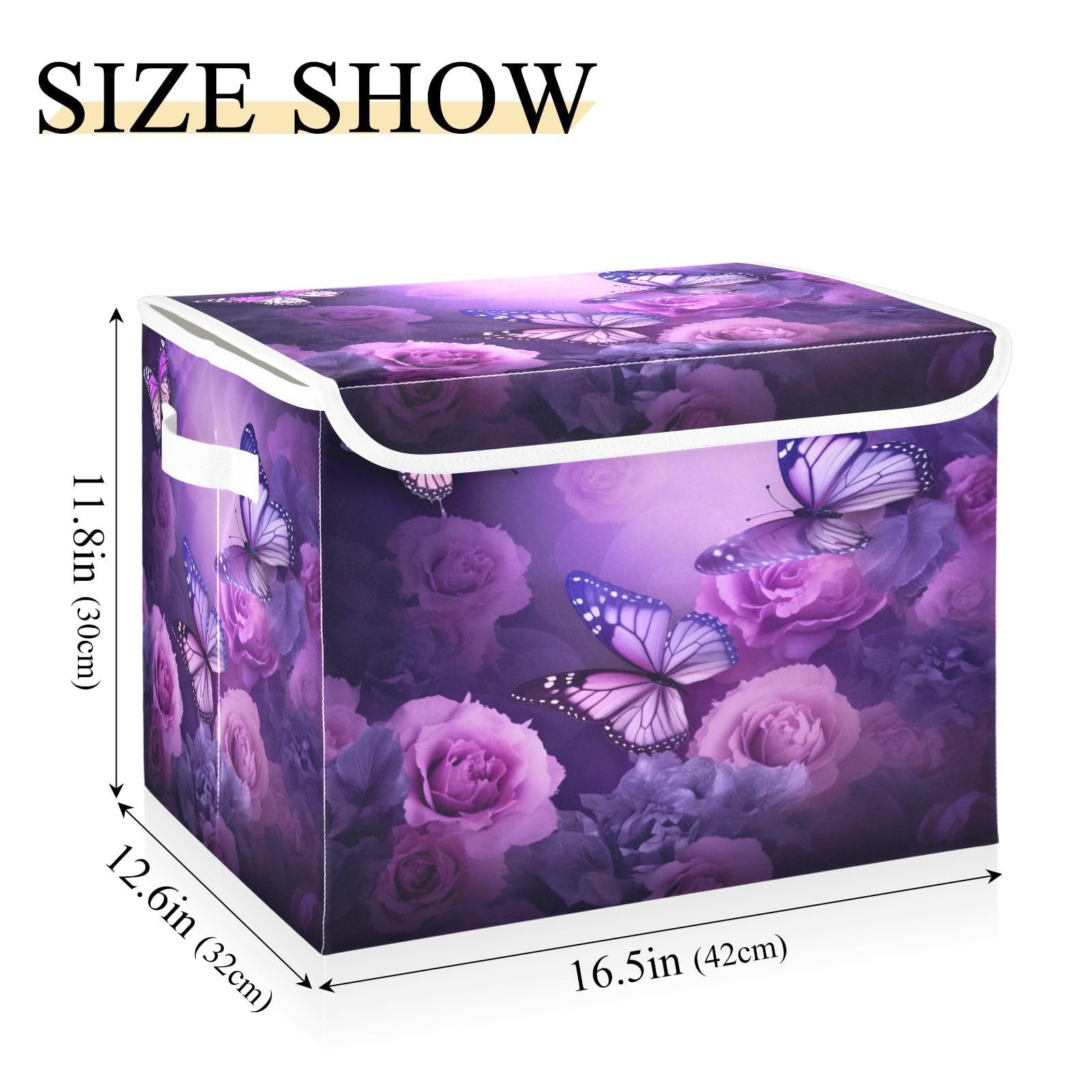 Wassud Purple Butterfly 16.5"x12.6"x11.8" Storage Bins with Lids,Collapsible Stackable Fabric Linen Baskets Closet Organizer Container