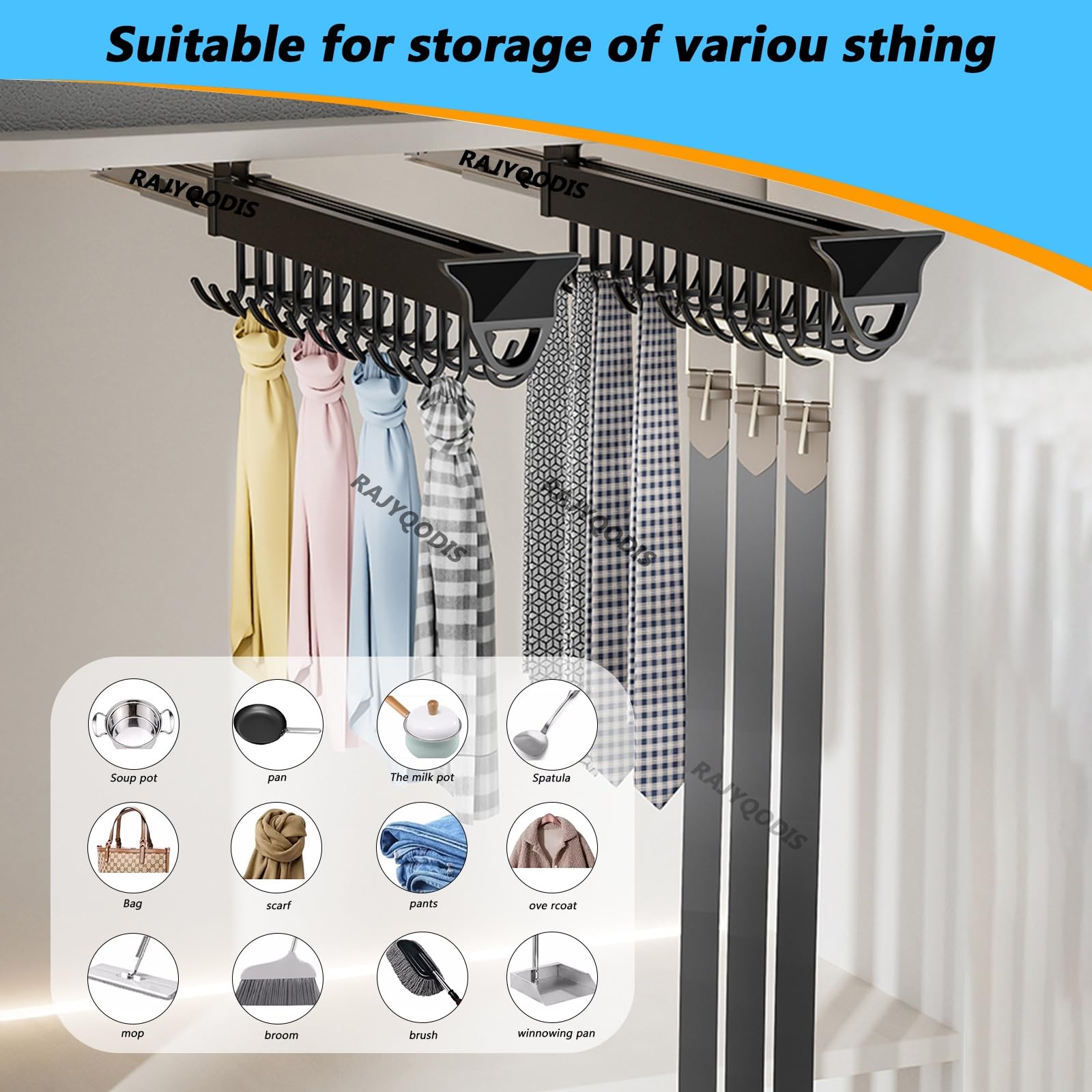 RAJYQODIS Broom And Mop Organizer/storage, Multifunctional Pull Out Broom Holder With Double Row Sliding Hook, Expandable Broom Hanger Suitable For Various Scenarios (Size : 51cm/20.0inch)