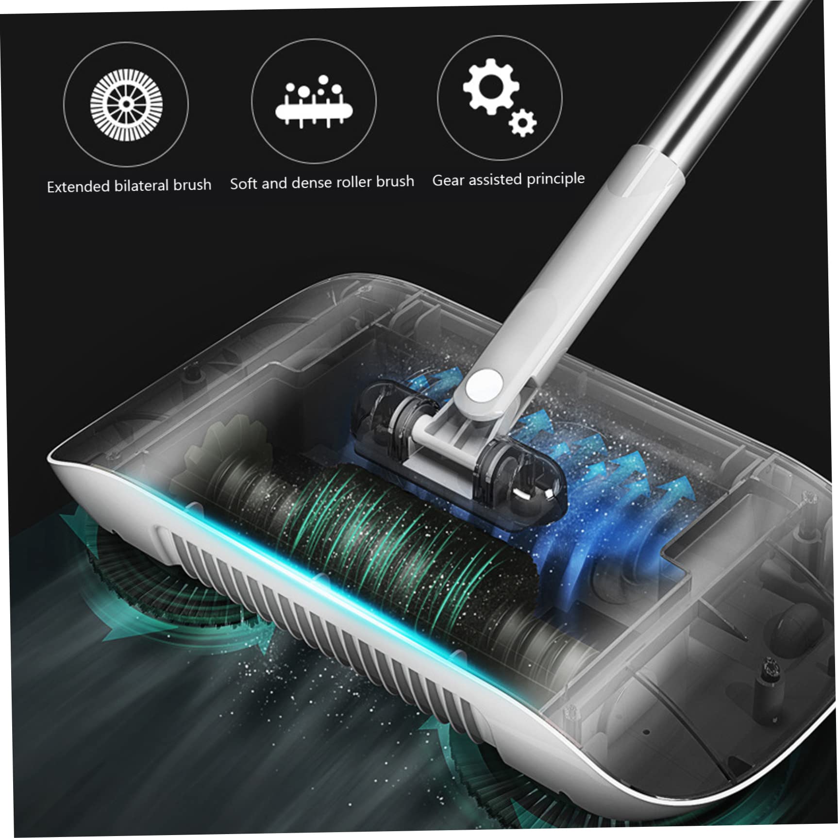 Ckuakiwu Manual Vacuum Sweeper, 180 Degree Rotating Push Vacuum Non Electric Floor Sweeper, 2 in 1 Manual Sweeper for Carpet and Floors(Blue)