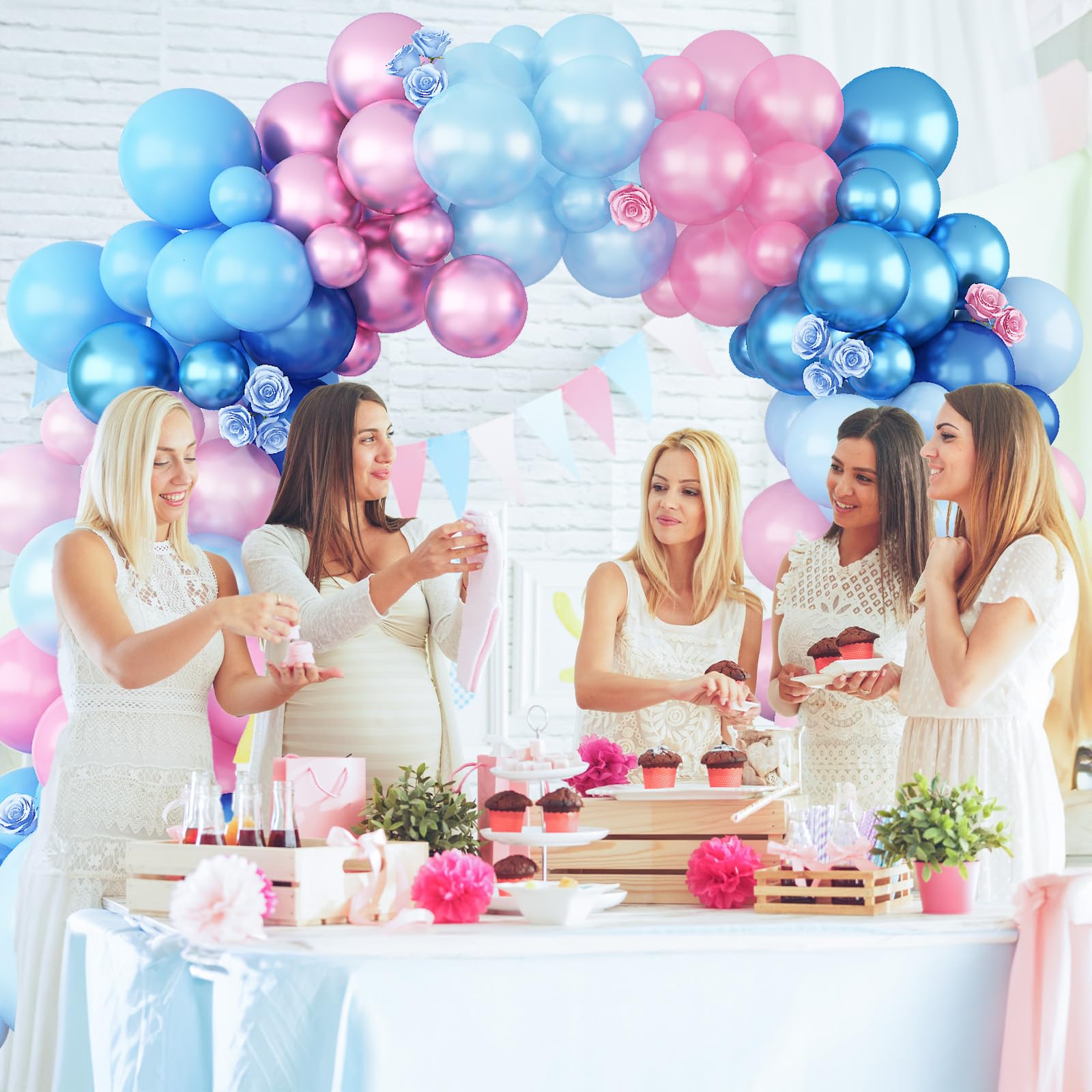 Pink Blue Balloon Arch Garland Kit, 152Pcs 18/10/5 Inch Gender Reveal Balloons, Metallic Blue Pink Mixed Party Balloons Pearl Blue Pink Balloons for Boys Girls Baby Shower Birthday Decoration