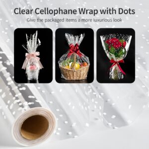 Jutieuo Clear Cellophane Wrap Roll | 100’Ft. Long X 34”In. Extra Wide | 2.5 Mil Thick Crystal Clear with Irregular White Dot | Bouquet, Baskets, Gifts, Crafts, Treats, Wrapping | Food Grade