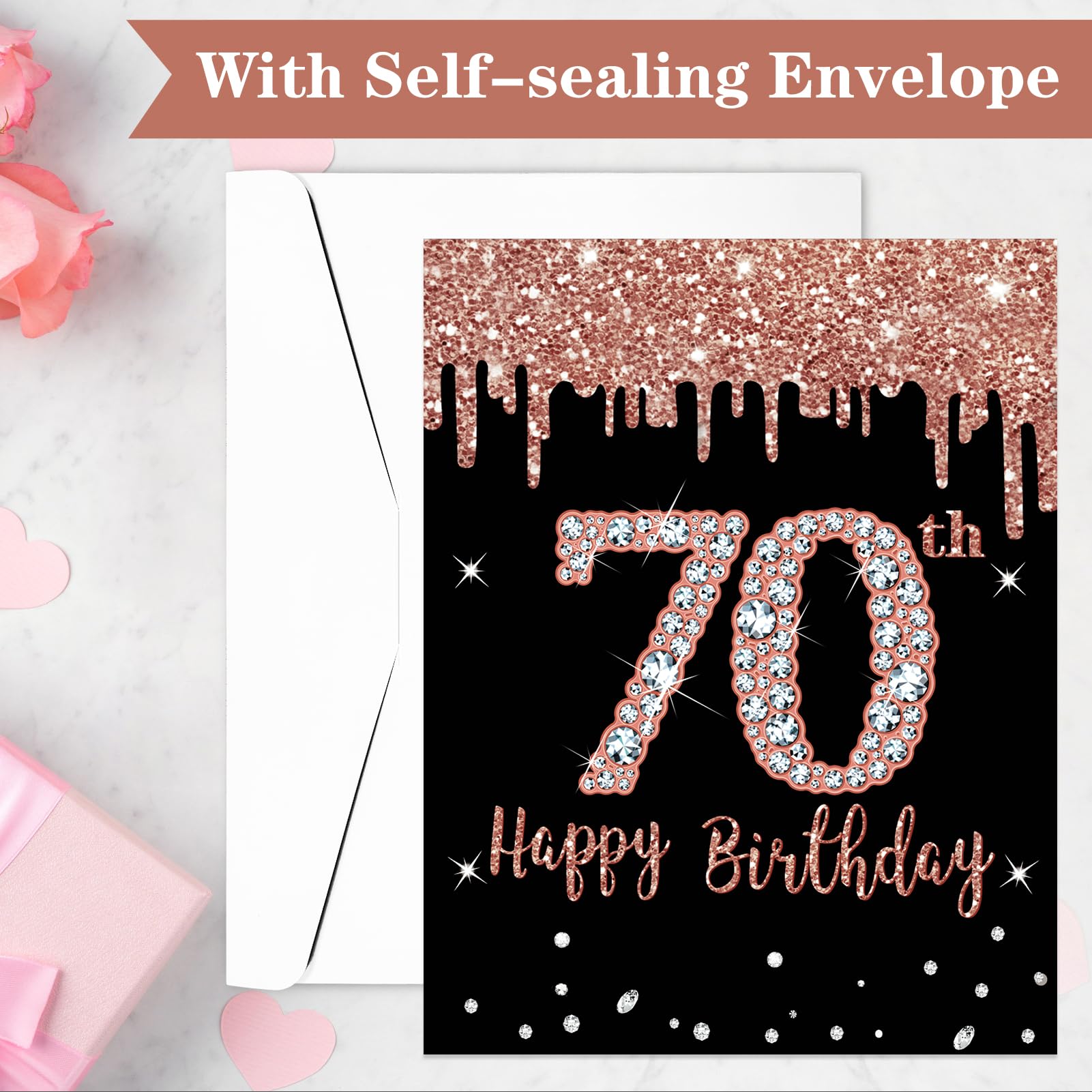 Kuxriox Large 70th Birthday Card With Envelope, Extra Big Guest Book Rose Gold 70th Birthday Greeting Card Women, Giant 70th Bday Card Gifts Party Supplies, Jumbo Seventy Bday Card(14 x 22 IN)