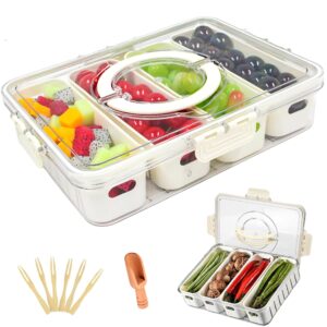 divided serving tray with lid -snackle box container with spoon & mini forks and 4 removable colanders snack serving tray, snack box container, veggie tray with lid for candy, fruits, nuts, chips.