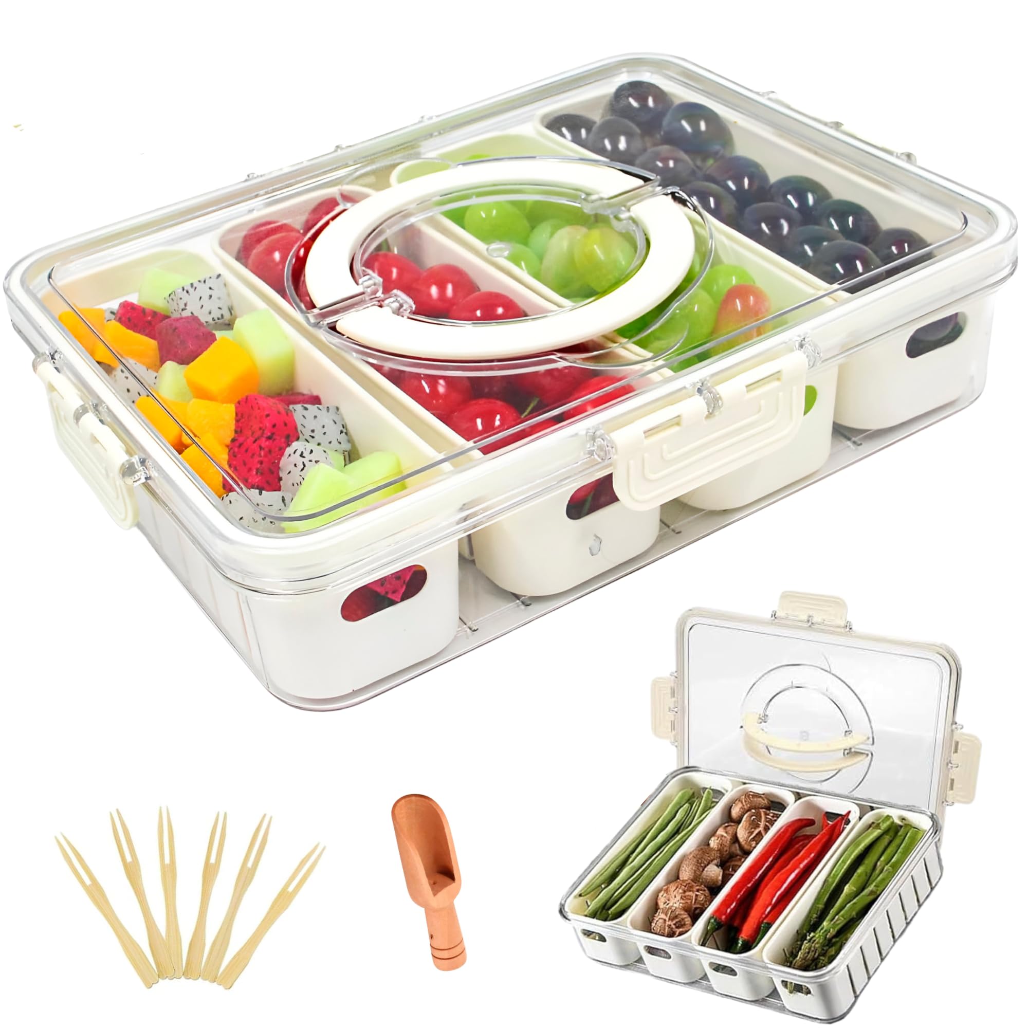 Divided Serving Tray with Lid -Snackle Box Container with Spoon & Mini Forks and 4 Removable Colanders Snack Serving Tray, Snack Box Container, Veggie Tray with Lid for Candy, Fruits, Nuts, Chips.