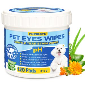 pupmate eyes wipes for dogs & cats | face tear stain remover | gentle and ph balanced | aloe pet grooming deodorizing wipes for white dogs eye debris, discharge, mucus, crust 120pcs