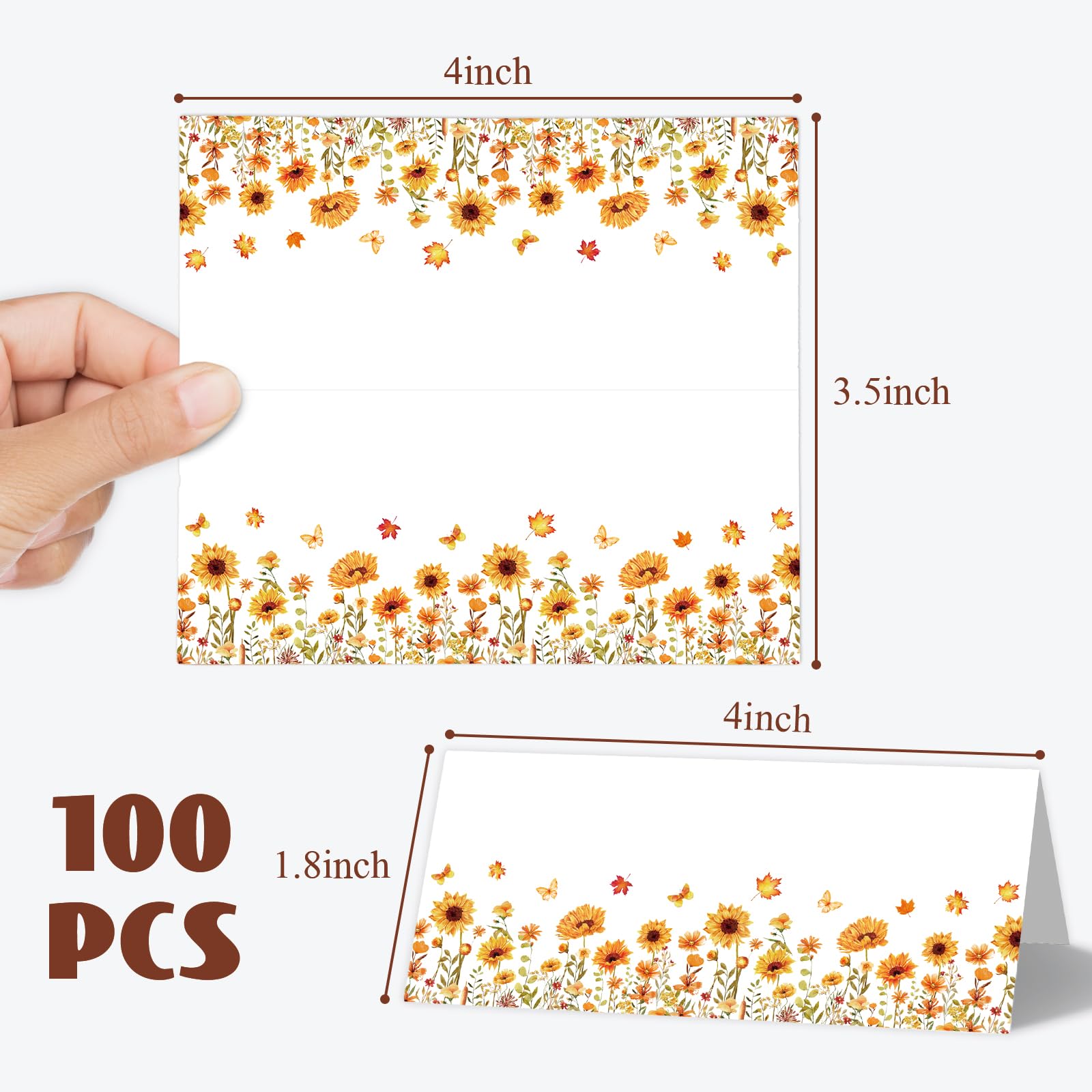 Whaline 100Pcs Fall Place Cards Orange Sunflower Maple Leaves Tented Cards Autumn Watercolor Floral Seating Cards for Thanksgiving Harvest Party Table Setting Supplies, 4 x 1.8 in