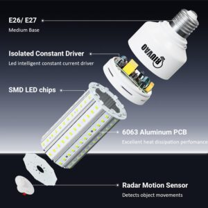 RIUVAO Motion Sensor Light Bulbs 60W（500W Equivalent E26 5000K, Motion Activated Dusk to Dawn Led Corn Light Bulb for Porch Basement Garage, Sensing and Always-ON Two Working Mode Selection