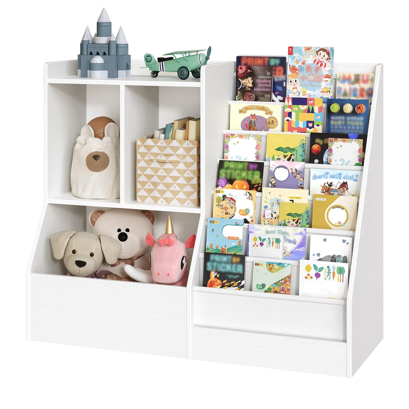 MAHANCRIS 39.4" Kids Bookshelf and Toy Storage, 7 Layer Kids Book Sling Shelf, Toddler Bookshelf, Kids Bookcase, Toy Organizer Cabinet, Large, for Playroom, Bedroom, Nursery, White BKWT7301