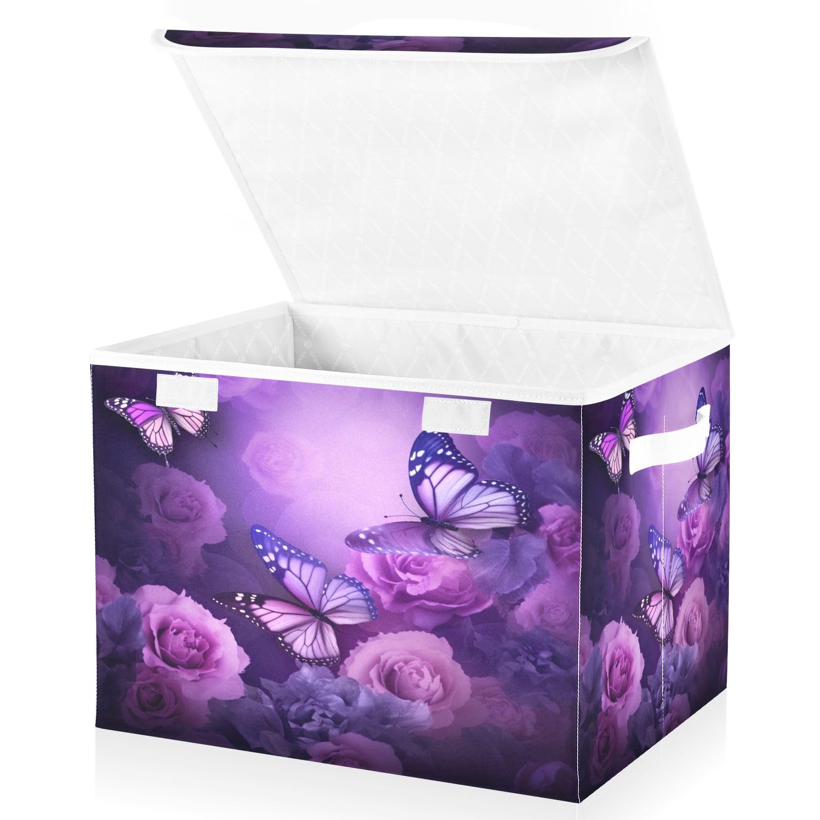 Wassud Purple Butterfly 16.5"x12.6"x11.8" Storage Bins with Lids,Collapsible Stackable Fabric Linen Baskets Closet Organizer Container