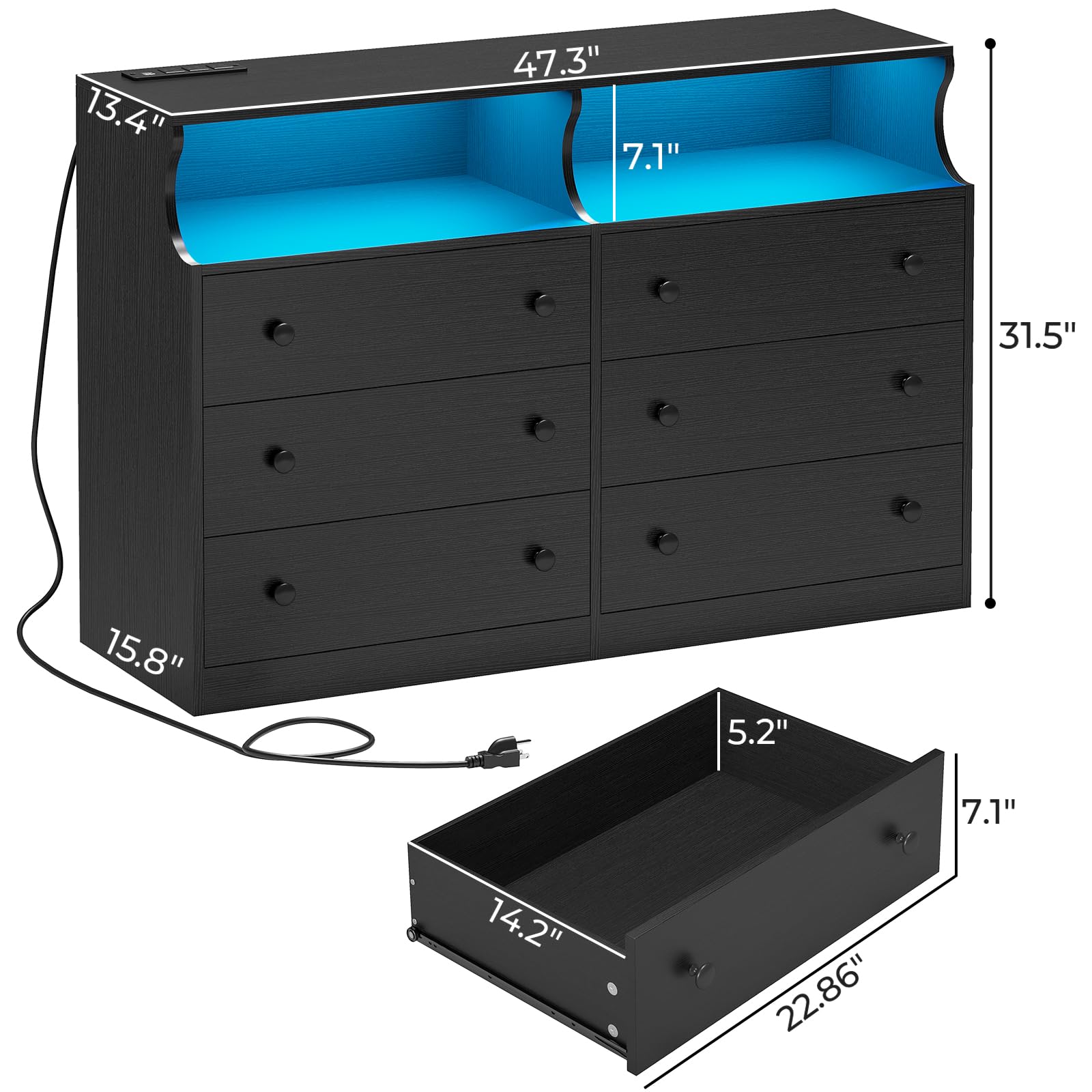 Hasuit 6 Drawer Dresser with LED Lights and Charging Station, Wide Chest of 6 Drawers with Open Space, Modern Large Capacity Storage Cabinet, Black Dresser for Bedroom, Living Room, Hallway