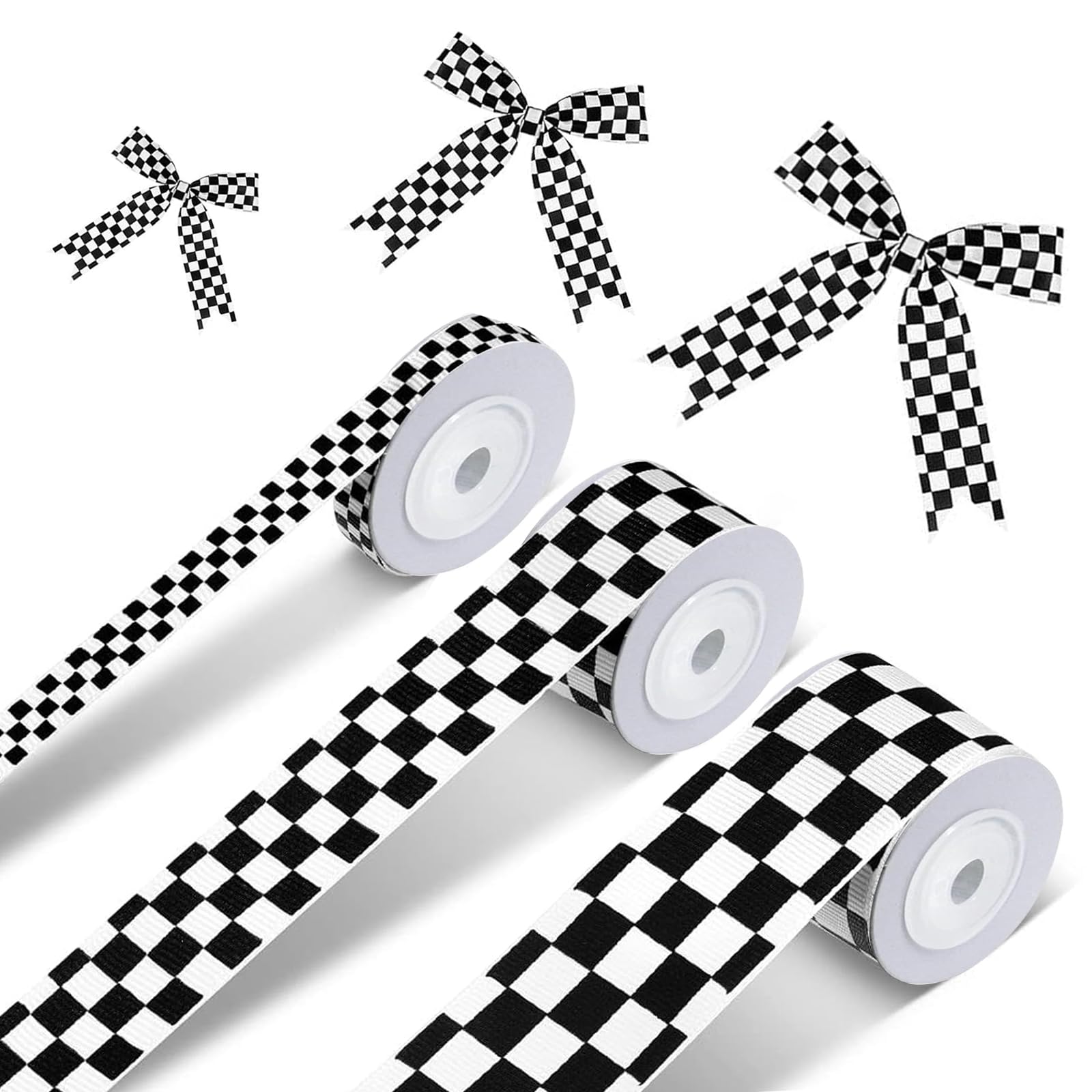 3 Rolls Black Grosgrain Ribbon White Checkered Printed Ribbon, Crafts Racing Car Theme Printed Checkered Ribbon, Plaid Buffalo Ribbon, for Racing Car Party DIY Wreath Decorations