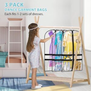 SLEEPING LAMB 3 Packs Clear Dance Garment Bags for Dancers with 4 Pockets, 40" Kids Dance Costume Garment Bag, Hanging Clothes Cover for Dance Competition, Recital, Travel & Closet Storage, Black