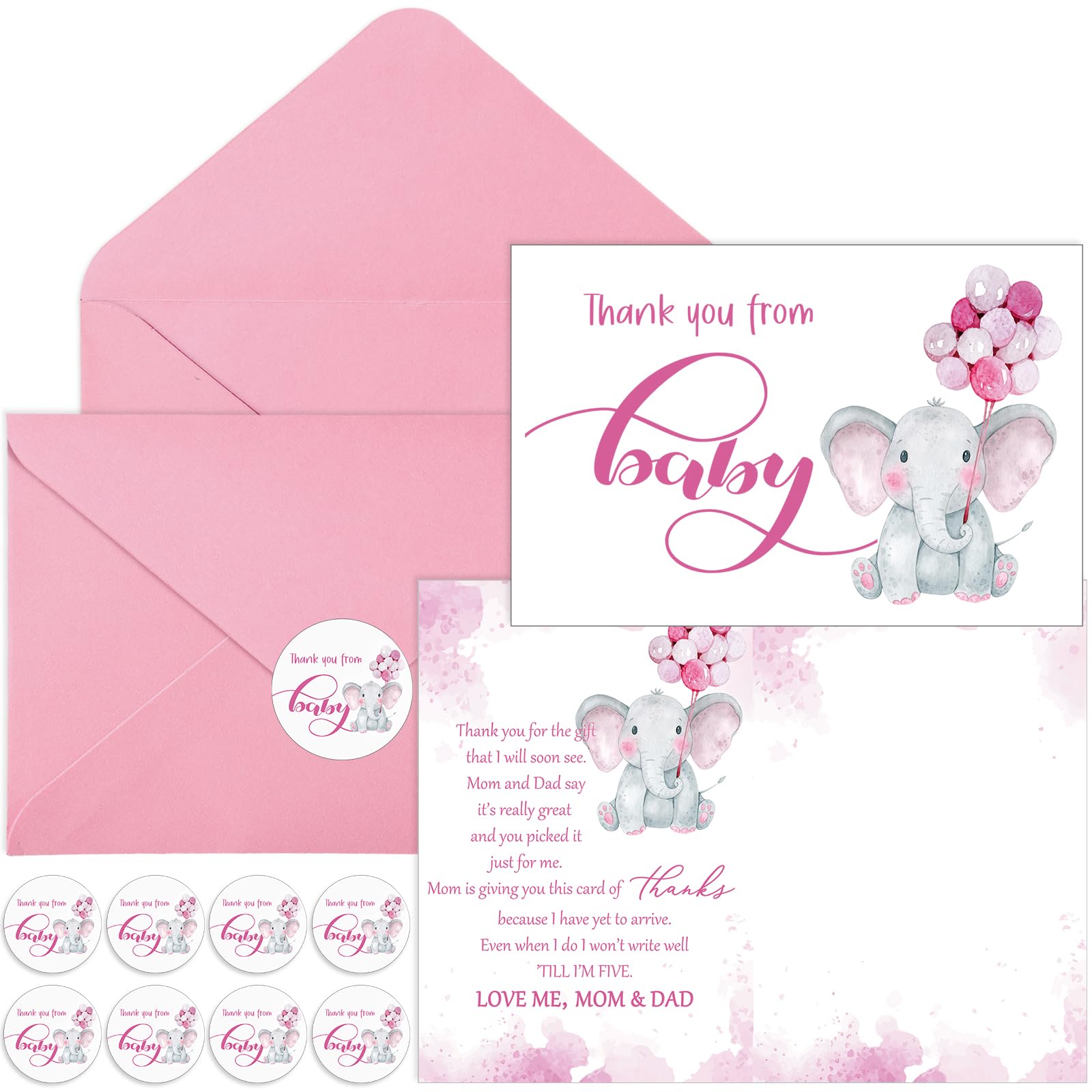 Zhanmai 50 Sets Baby Shower Thank You Cards Elephant Themed 50 Baby Shower Thank You Notes with 50 Envelopes and Stickers Baby Shower Card Baby Gift Boy Card for Baby Shower Gender Reveal Party (Pink)