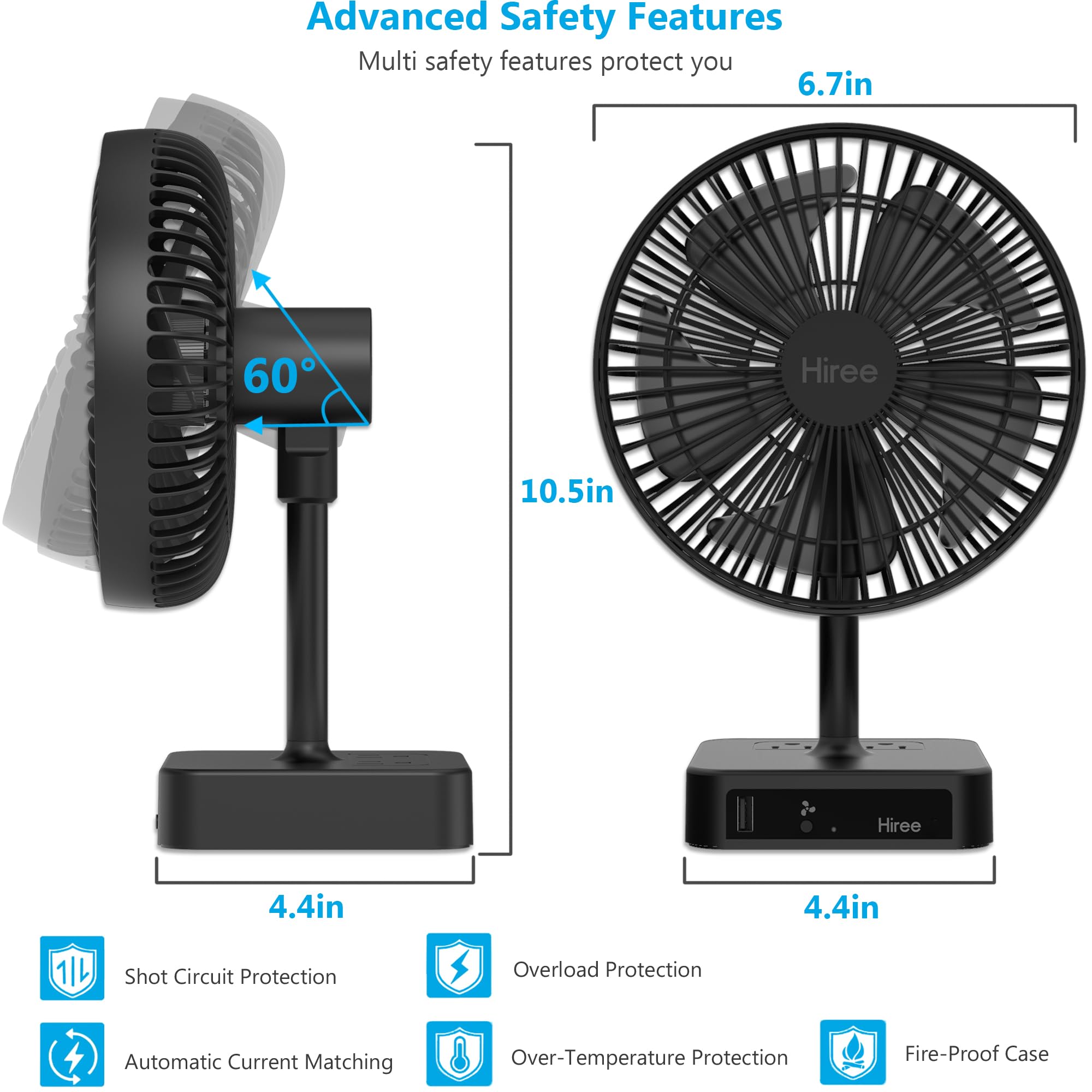 Hiree Desk Fan with USB Charging Port, 2 Speeds 6.7 Inch Small Desktop Table Fan with USB Charger, AC Outlets, Strong Wind, Quiet Operation - Personal Fan for Bedroom, Home, Office and Dorm Room