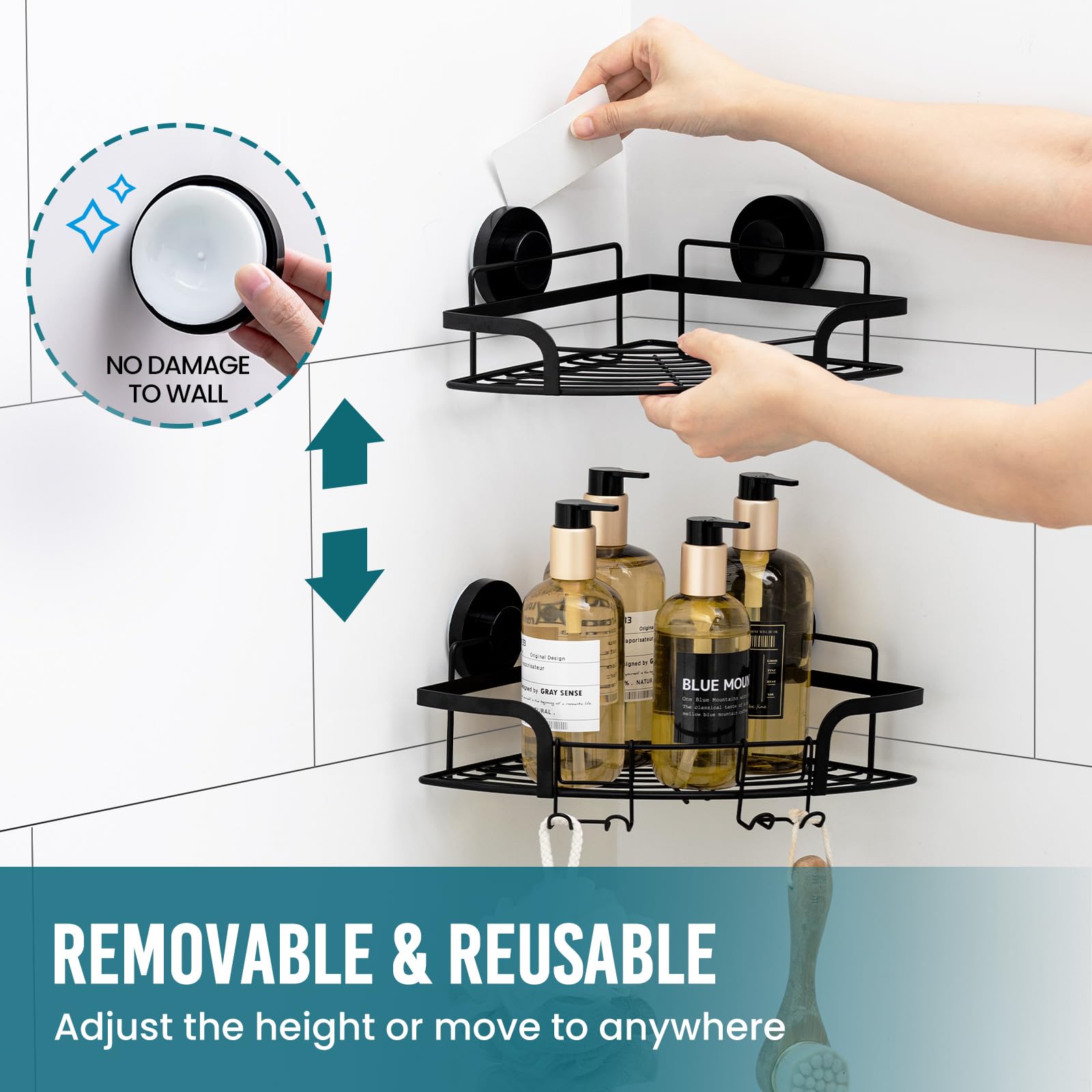 TAILI Suction Cup Shower Shelves 2 Pack, Drill-Free Removable Corner Shower Caddy with Hooks, Heavy Duty Stainless Steel Shower Basket Organizer for Bathroom, Rustproof Shower Rack, Black