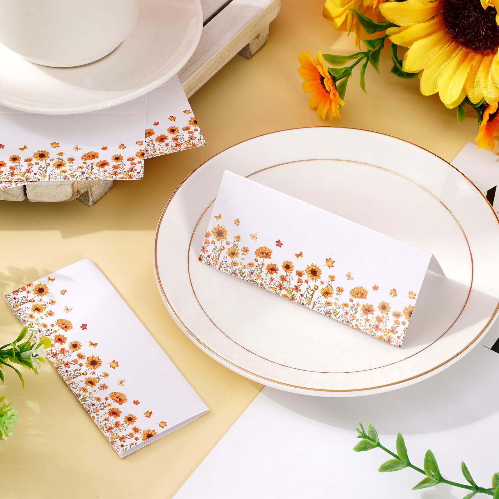 Whaline 100Pcs Fall Place Cards Orange Sunflower Maple Leaves Tented Cards Autumn Watercolor Floral Seating Cards for Thanksgiving Harvest Party Table Setting Supplies, 4 x 1.8 in