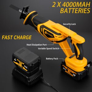 JEXUGK Brushless Reciprocating Saw Cordless, 21V Max 3500 SPM Rechargeable Saw, 2 x 4.0Ah Battery, 12 Saw Blades & Fast Charger, Variable Speed Reciprocating Saws for Woods/Metal/Plastic Cutting