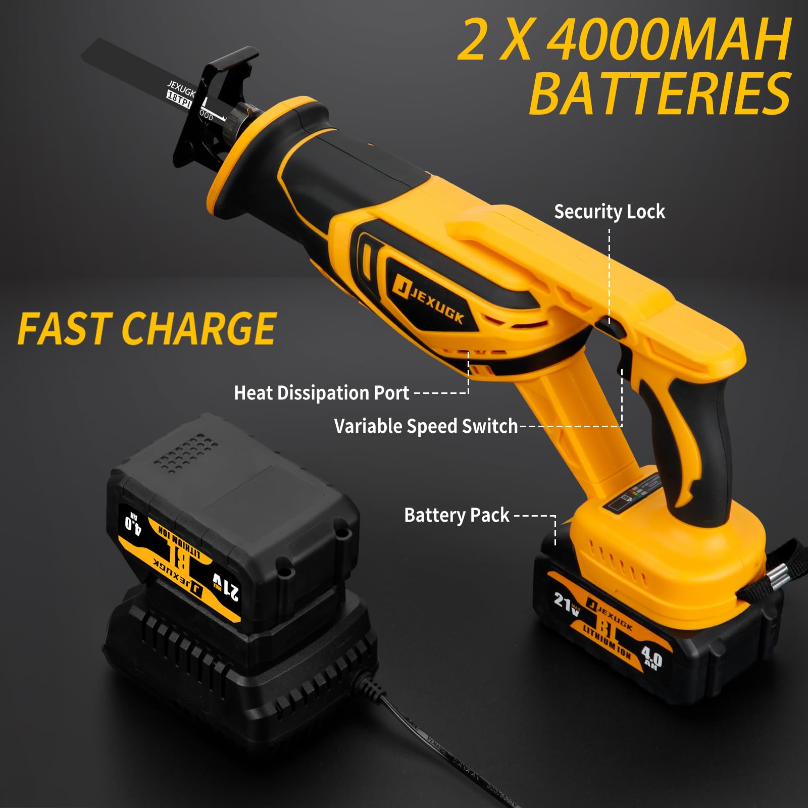 JEXUGK Brushless Reciprocating Saw Cordless, 21V Max 3500 SPM Rechargeable Saw, 2 x 4.0Ah Battery, 12 Saw Blades & Fast Charger, Variable Speed Reciprocating Saws for Woods/Metal/Plastic Cutting