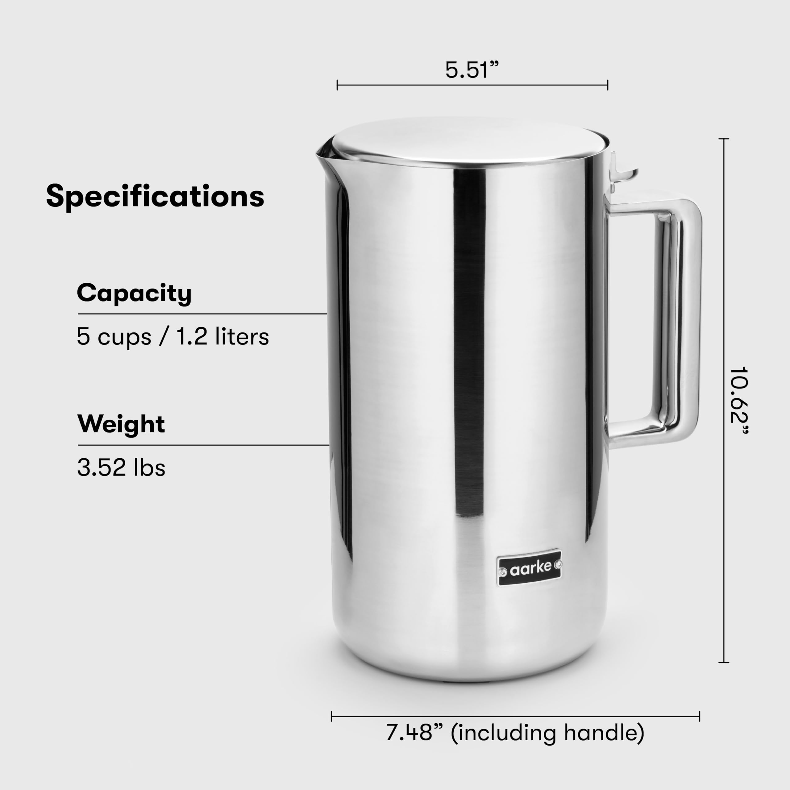 Aarke Kettle | Stainless Steel Hot Water Kettle | 360° Swivel Base | 1.2L / 5 Cups - Steel