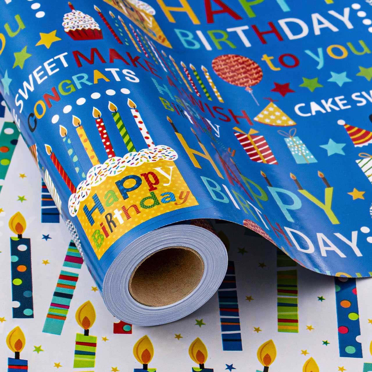 Homeral Reversible Birthday Wrapping Paper Roll- Mini Roll- 46.8sq.ft(17in x 33ft) Blue Colorful Birthday Design for Birthday, Baby Shower, Party