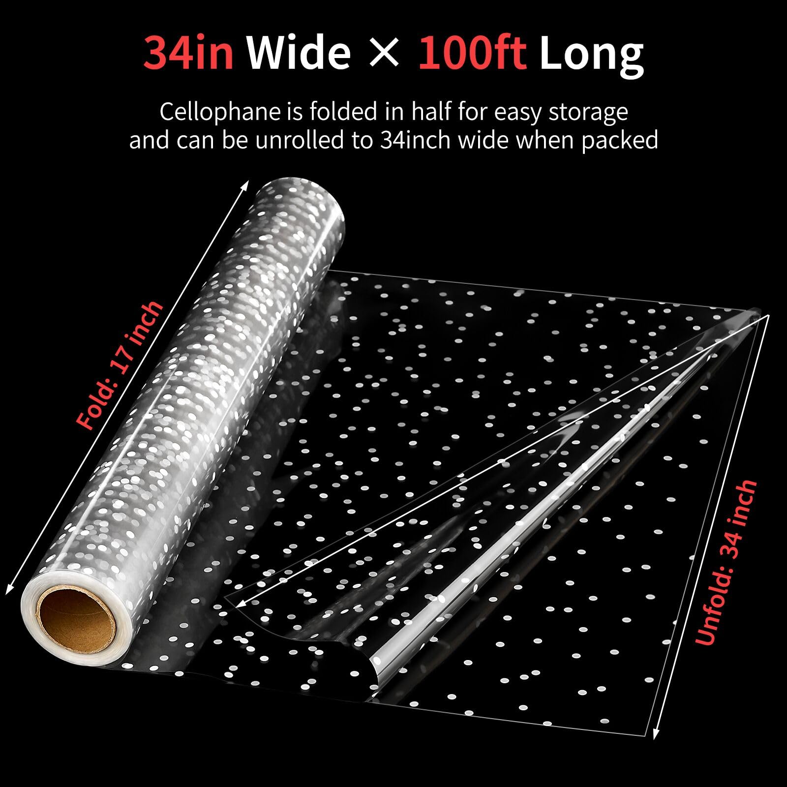 Jutieuo Clear Cellophane Wrap Roll | 100’Ft. Long X 34”In. Extra Wide | 2.5 Mil Thick Crystal Clear with Irregular White Dot | Bouquet, Baskets, Gifts, Crafts, Treats, Wrapping | Food Grade