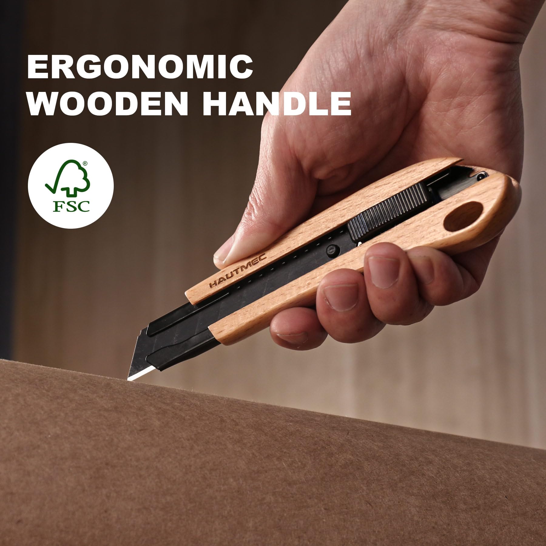 HAUTMEC 18mm Wooden Handle Retractable Utility Knife Autolock and Snap off with SK2H Ultra Sharp Black Blade Suitable Gifts for Husband Dad HT0352