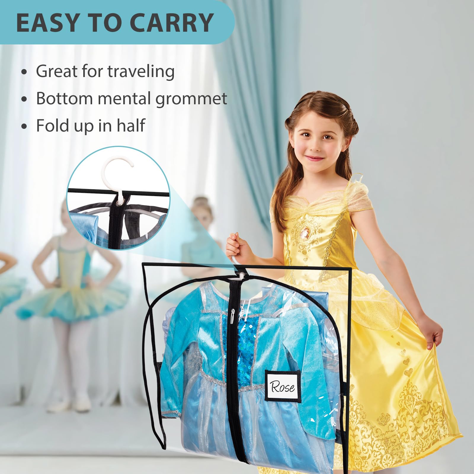 SLEEPING LAMB 3 Packs Clear Dance Garment Bags for Dancers with 4 Pockets, 40" Kids Dance Costume Garment Bag, Hanging Clothes Cover for Dance Competition, Recital, Travel & Closet Storage, Black