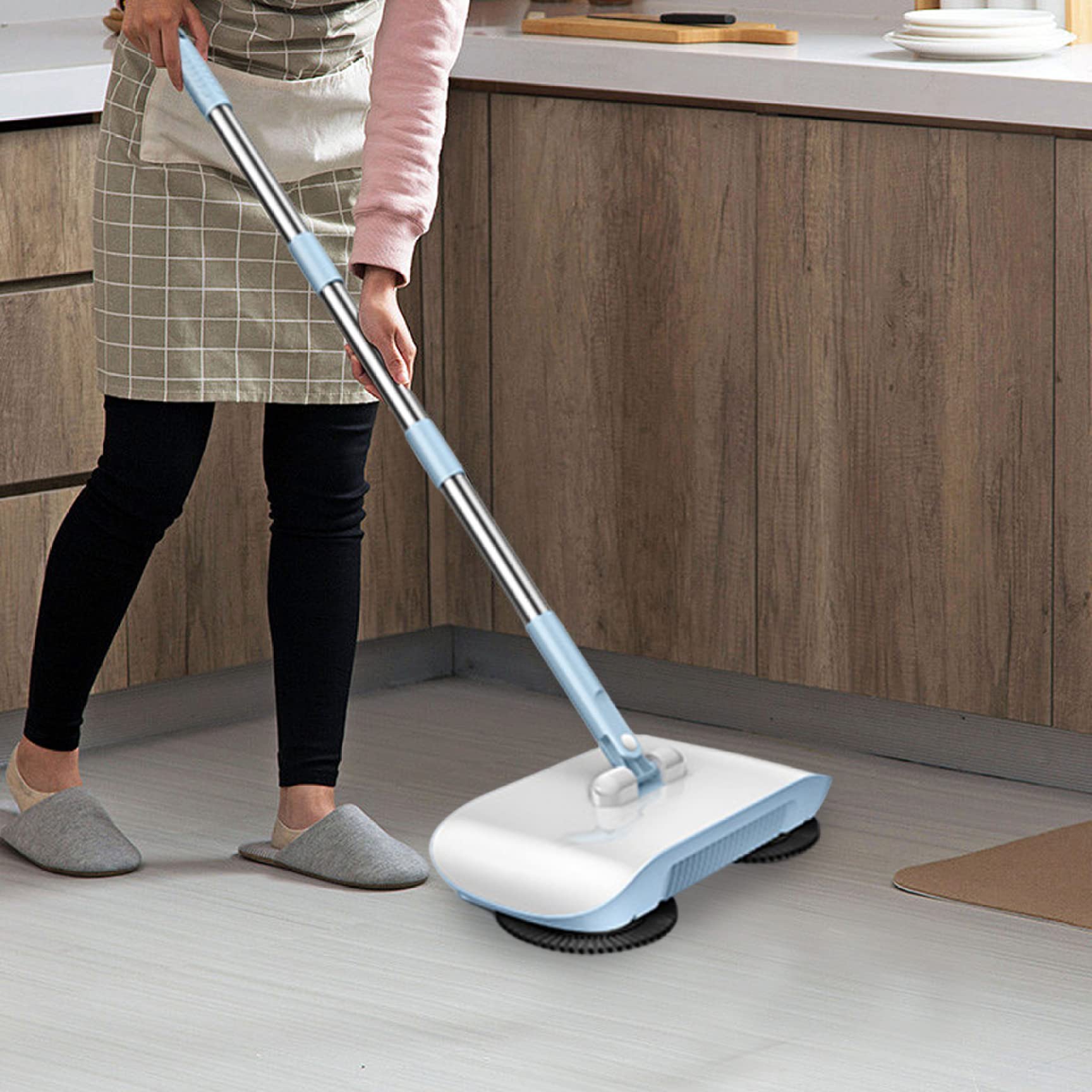 Ckuakiwu Manual Vacuum Sweeper, 180 Degree Rotating Push Vacuum Non Electric Floor Sweeper, 2 in 1 Manual Sweeper for Carpet and Floors(Blue)