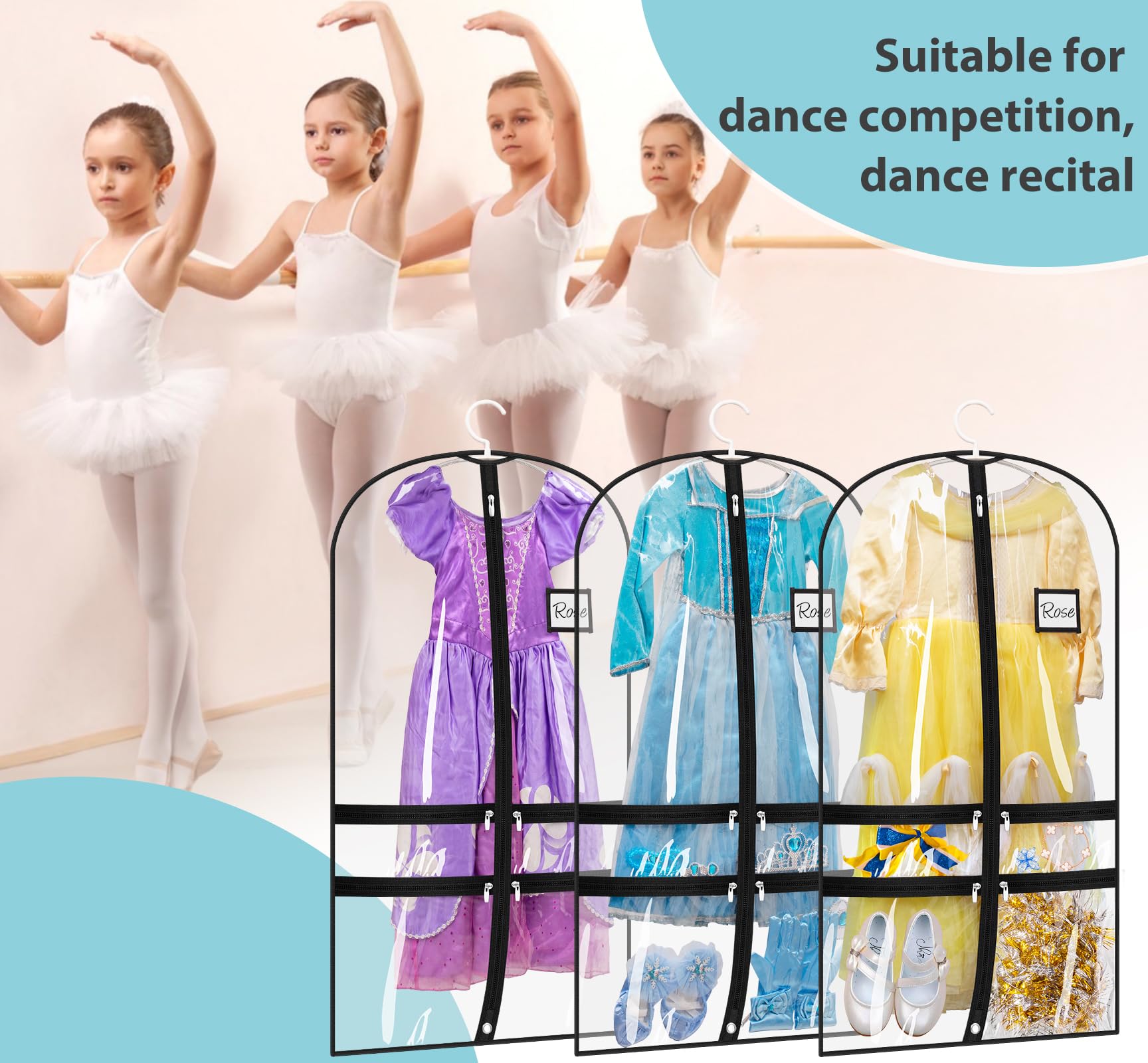 SLEEPING LAMB 3 Packs Clear Dance Garment Bags for Dancers with 4 Pockets, 40" Kids Dance Costume Garment Bag, Hanging Clothes Cover for Dance Competition, Recital, Travel & Closet Storage, Black