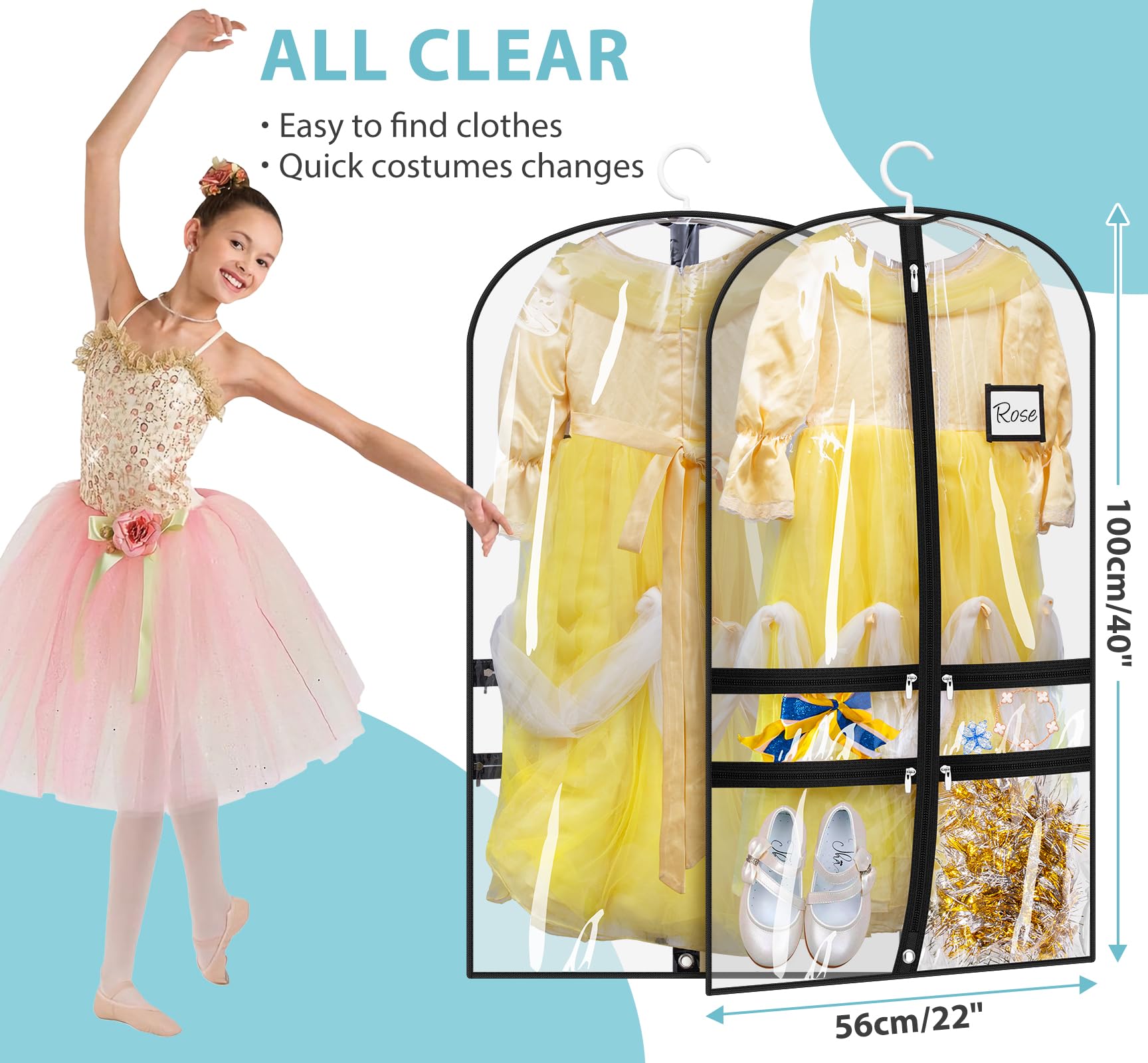 SLEEPING LAMB 3 Packs Clear Dance Garment Bags for Dancers with 4 Pockets, 40" Kids Dance Costume Garment Bag, Hanging Clothes Cover for Dance Competition, Recital, Travel & Closet Storage, Black