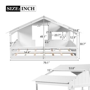 Montessori Floor Bed with Roof and Windows, Full House Floor Bed with Guardrail and Door, Full Size House Bed for Kids, Girls, Boys, White Montessori Bed Full Size