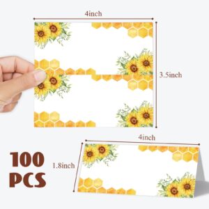 Whaline 100Pcs Summer Sunflower Place Cards Honeycomb Tented Cards Floral Seating Name Cards for Baby Shower Birthday Wedding Party Table Setting Supplies, 4 x 1.8 in