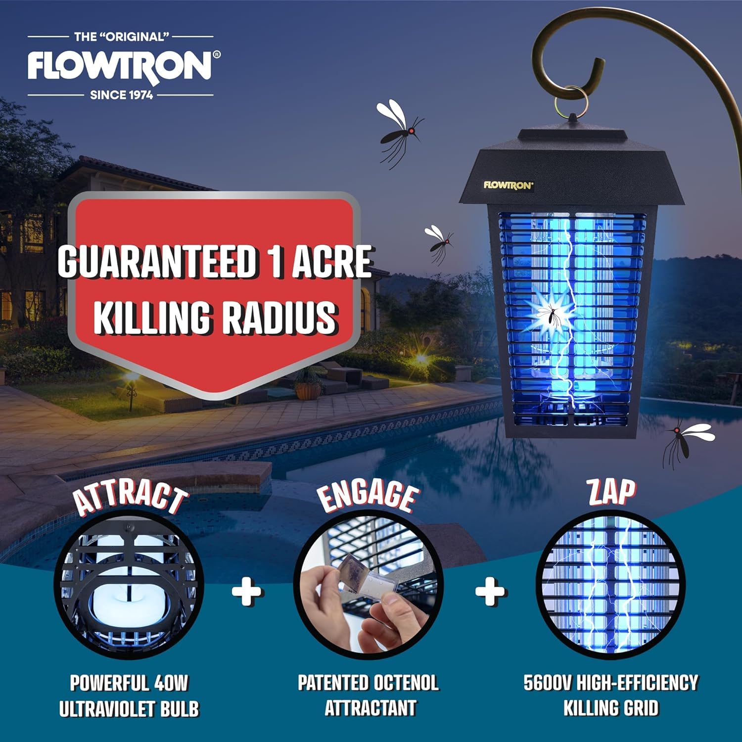 Flowtron Bug Zapper, 1 Acre of Outdoor Coverage with Powerful 40W Bulb & 5600V Instant Killing Grid with Mounting Bracket & Mosquito Attractant Cartridge