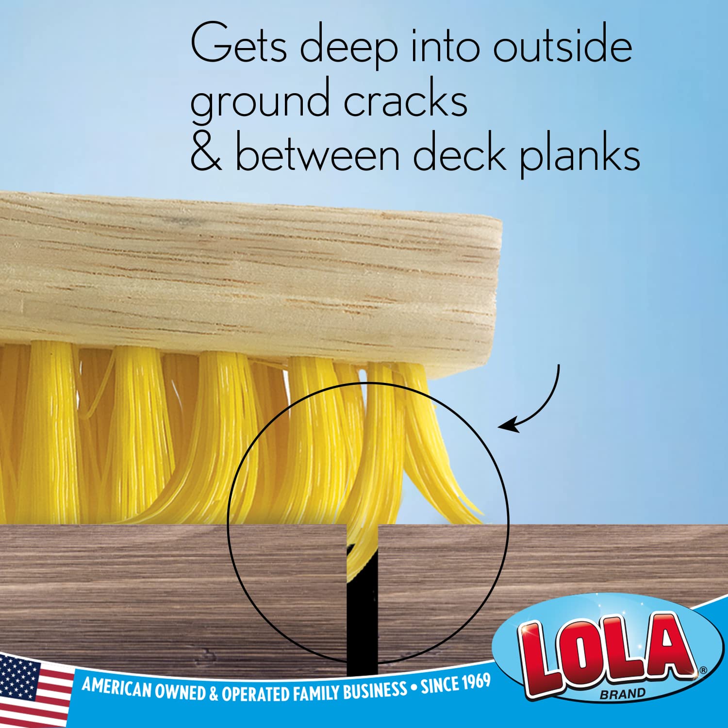 Lola Products Deck Scrub Brush w/ 48" Long Handle & 9" x 3.5" Scrubber, Durable Fiber Scrubber Bristles Remove Dirt, Grime, Grout, Leaves, Snow on Patios, Decks, Asphalt, Cement- Wet or Dry